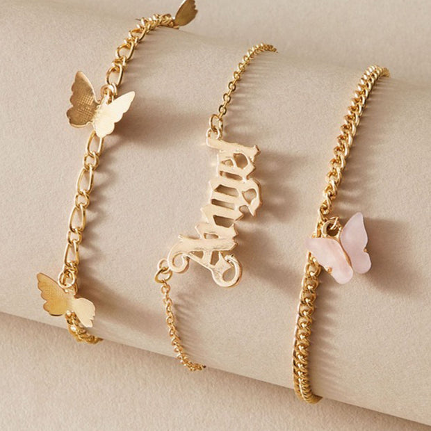 3 Piece Pink Butterfly Anklet