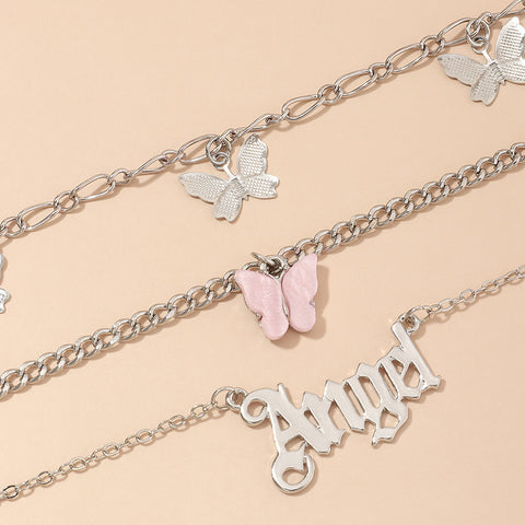 3 Piece Pink Butterfly Anklet