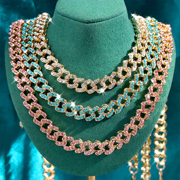 Ladies Colorful Crystal Cuban Chain Necklace