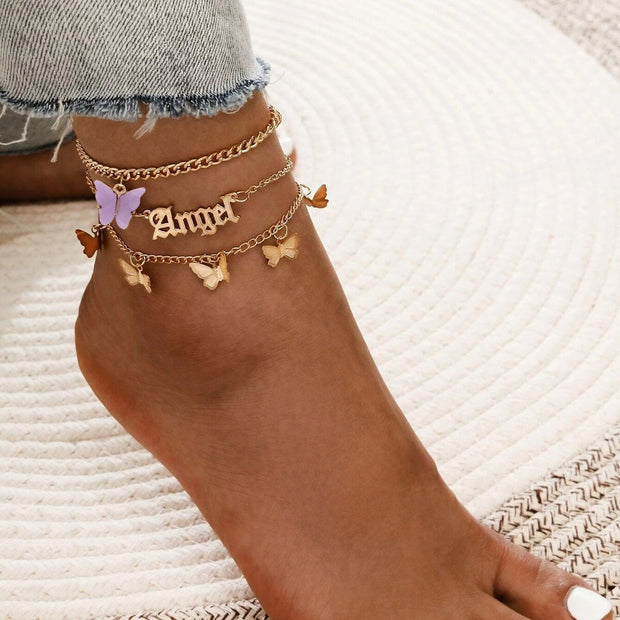 3 Piece Pink Butterfly Anklet